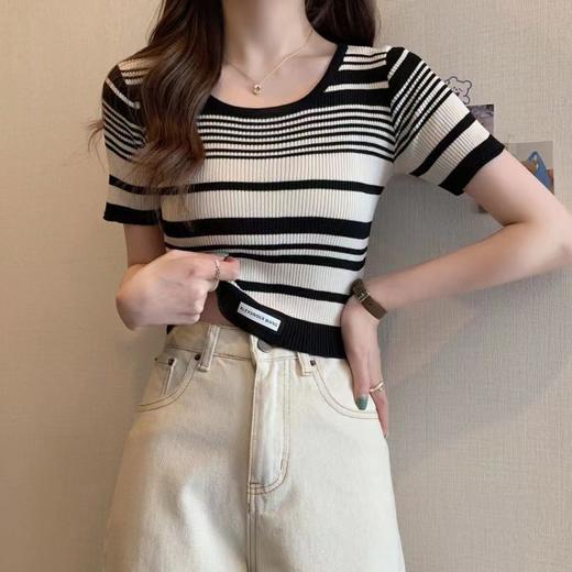 【条纹U领短款针织衫】夏季薄款 百搭修身显瘦短袖套头上衣女小衫潮  商品图11