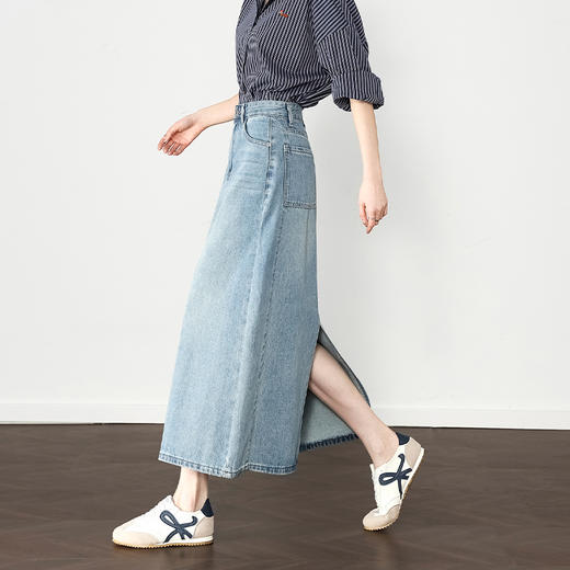 西遇水洗牛仔半身裙女新款浅蓝色小个子a字高腰长裙D0050443 商品图3