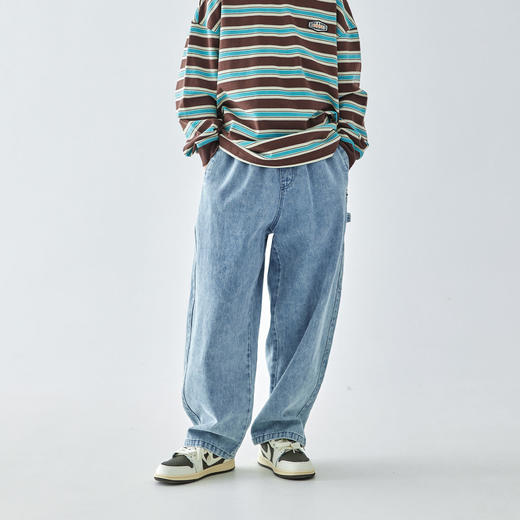 【代发】男款多口袋牛仔裤 蓝汽水多口袋宽松牛仔裤男童复古蓝做旧色调休闲长裤子 商品图1