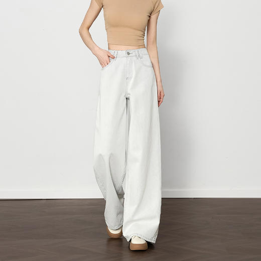西遇垂感宽松阔腿裤女2025年新款小个子慵懒风高腰白色牛仔裤D0050441 商品图0