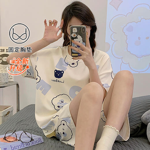 【免穿bra！居家&待客都方便】睡衣女夏季带胸垫一体式可爱两件套装休闲卡通简约家居服短袖短裤。ry 商品图1