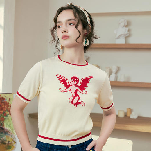 两三事 月光天使 2025春季新款可爱天使图案收腰短款针织衫女 商品图1