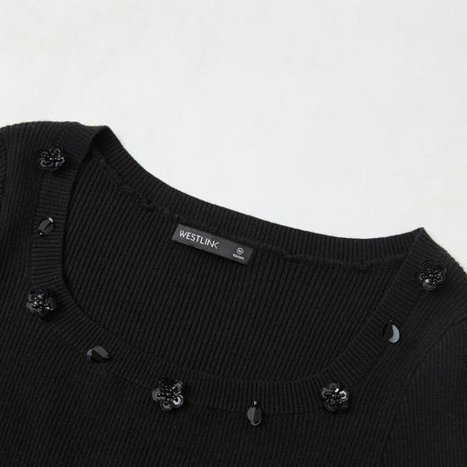 法式浪漫珠片花朵方领长袖连衣裙女高弹收腰连衣裙V0150030 商品图5