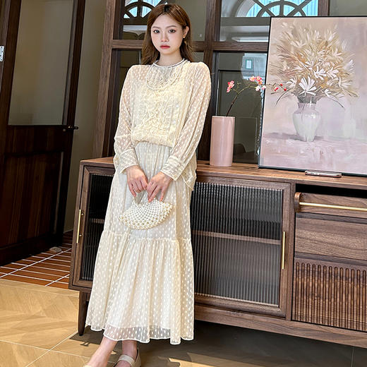 顺丰包邮洛诗琳99247春夏新款优雅荷叶边衬衫网纱半裙两件套0636 商品图0