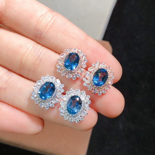 【璀璨流光】镶嵌天然伦敦蓝托帕石耳钉豪华贵气耳环女士礼物6*8mm皇家珠宝饰品 商品图2