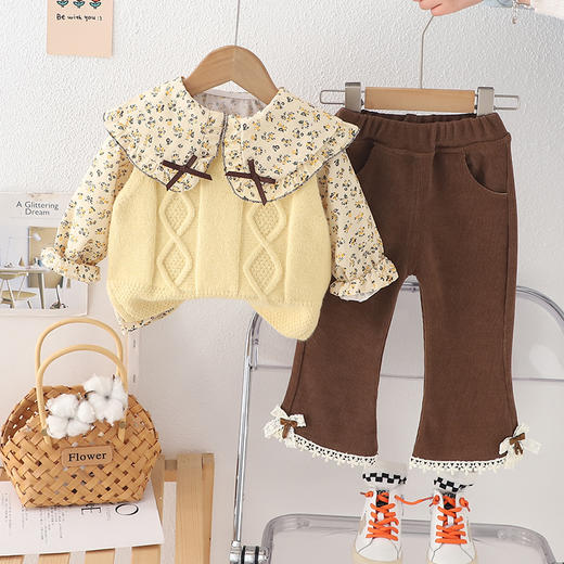 【碎花三件套，上新热卖！】女童春装套装 2025新款 女宝宝洋气针织马甲衬衫裤子 休闲春秋三件套-QQ 商品图0