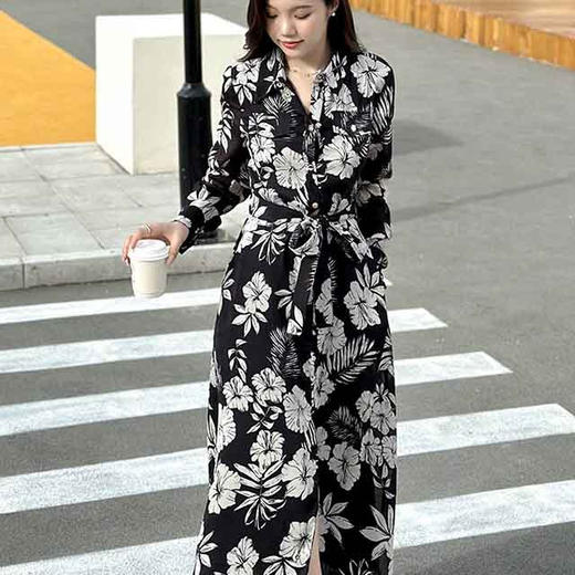 顺丰包邮洛诗琳20023春季新款皱缎提花绑带翻领连衣裙女1775 商品图0