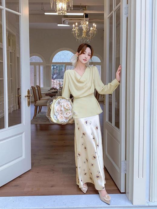 张心子【油画蔷薇】春夏高腰缎面碎花印花半身裙 U2503015 商品图10