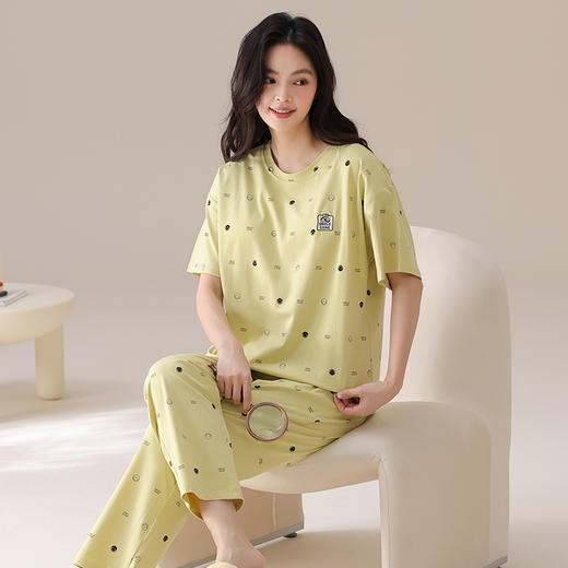 25年夏季新款女士圆领全棉家居服  可外穿纯棉短袖长裤套头睡衣 商品图0