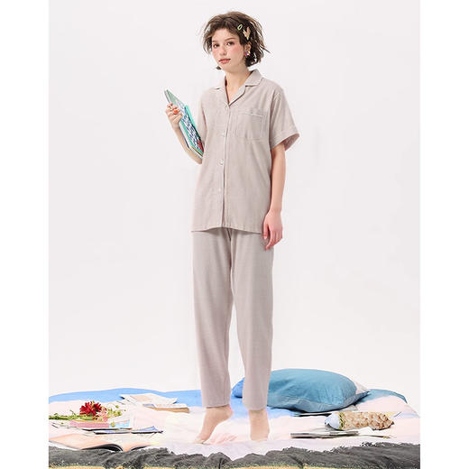 【全棉双层纱】全棉双层纱家居服 无侧缝棉质双层纱短袖长裤可外穿男女情侣睡衣裤套装 商品图3