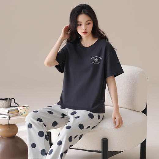 25年夏季新款女士圆领全棉家居服  可外穿纯棉短袖长裤套头睡衣 商品图3
