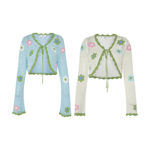 两三事 春花明媚 2025春季新款小清新花朵图案绑带镂空针织开衫女 商品图4