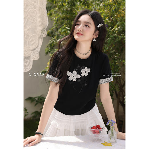 鹿向南 「蕾丝花语」25年设计蕾丝花边T恤L53628 商品图3