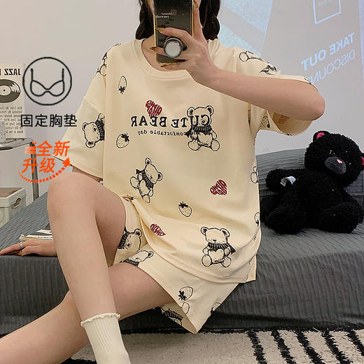 【免穿bra！居家&待客都方便】睡衣女夏季带胸垫一体式可爱两件套装休闲卡通简约家居服短袖短裤。ry 商品图13