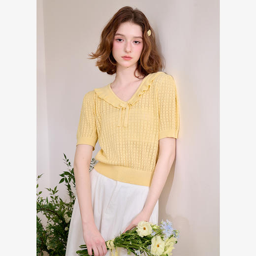甜美拼接荷叶边v领毛衣女短款针织衫V0650268 商品图3