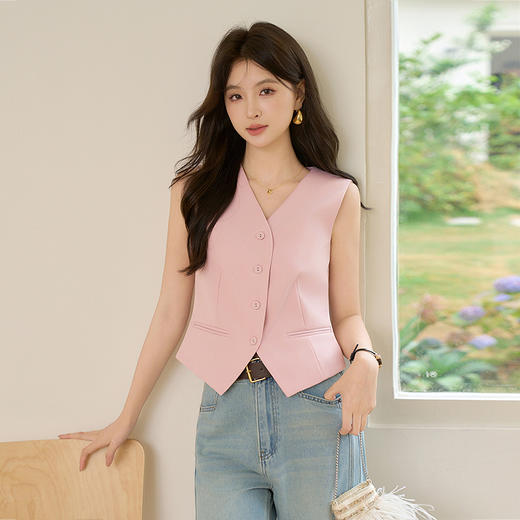 优雅高级感通勤叠穿短款马甲背心女2025V领收腰上衣V0250021 商品图0
