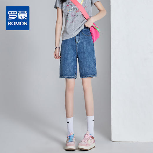 罗蒙女士夏季牛仔短裤舒适简约百搭五分裤遮肉显瘦高腰牛仔女裤 商品图0