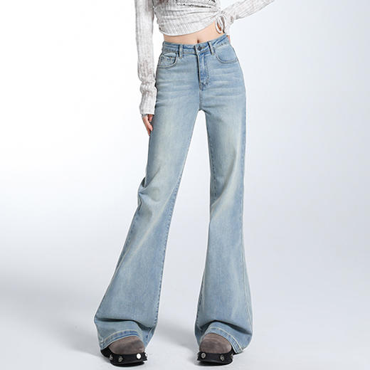 罗蒙女士四季款高腰牛仔裤遮肉显瘦微喇裤腿百搭舒适女休闲拖地牛仔长裤 商品图2