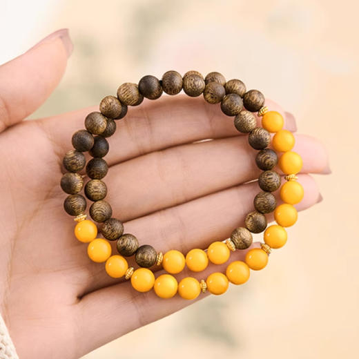 半山半水沉香木鸡油黄蜜蜡双圈手串6mm  叠戴珠串手链自然雅致一物一证 商品图3