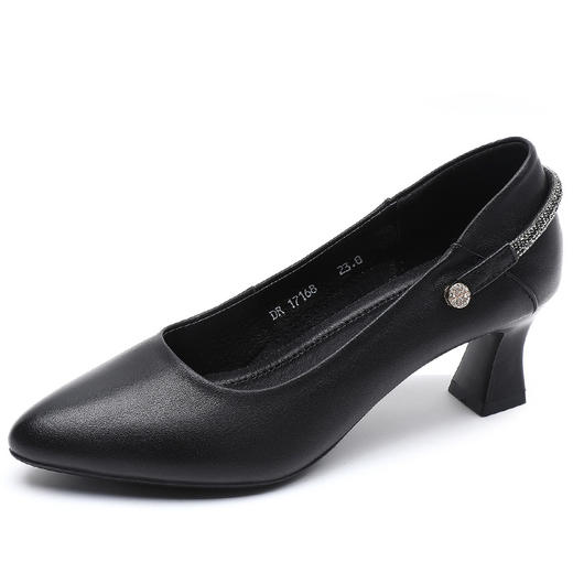 丁摩 真皮中跟鞋女新款春秋季百搭牛皮尖头细跟单鞋女鞋5ZF-17168 商品图6