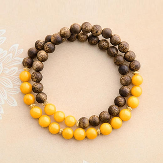 半山半水沉香木鸡油黄蜜蜡双圈手串6mm  叠戴珠串手链自然雅致一物一证 商品图0