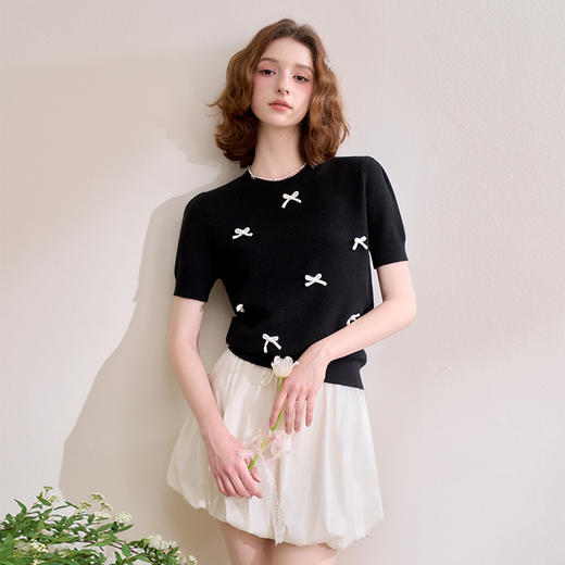 【限时秒杀】【立体蝴蝶结】软糯短袖针织衫女短款薄款圆领毛衣V0650269 商品图2