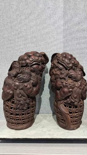 对狮竹根雕摆件21*11.5cm/对
