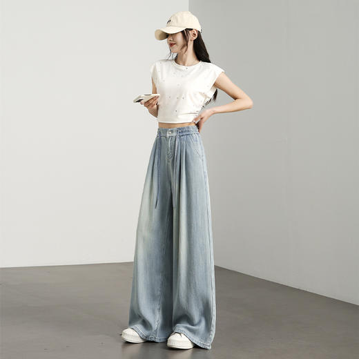 西遇宽松慵懒风阔腿裤女新款直筒高腰浅蓝色水洗牛仔裤D0050424 商品图1