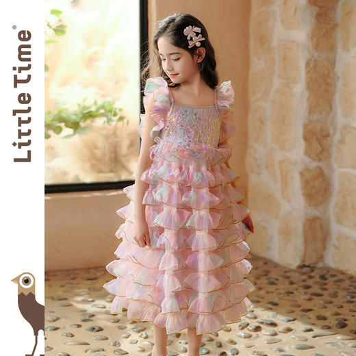 littletime2025新款女童浪漫人鱼姬闪烁亮片公主大波浪渐变纱裙 商品图3