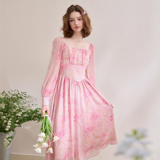 【雪纺印花】法式浪漫方领晕染长袖连衣裙女收腰长裙V0650253 商品图4