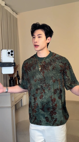 T2664夏季新款时尚个性花鸟树木印花扎染国潮新中式百搭休闲短袖上衣