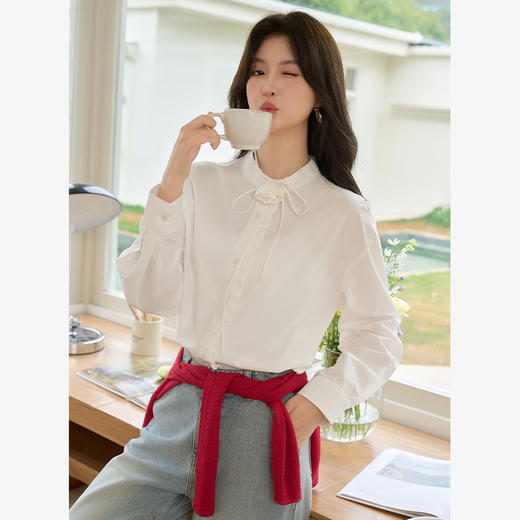 纯棉简约设计感文艺风拼接花边圆领衬衫女设计感衬衣V0450099 商品图3