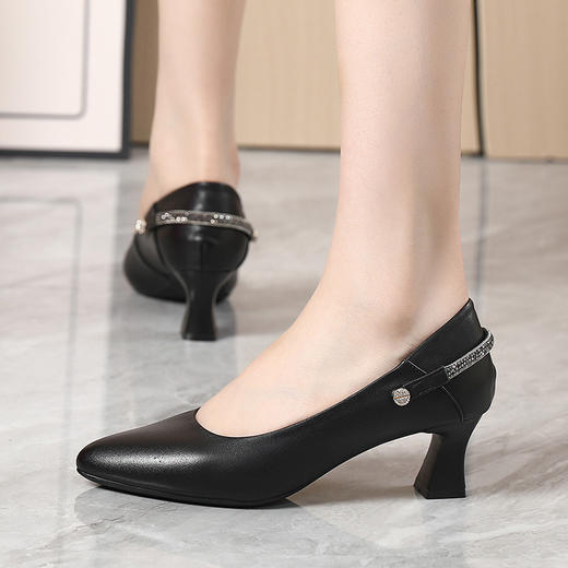 丁摩 真皮中跟鞋女新款春秋季百搭牛皮尖头细跟单鞋女鞋5ZF-17168 商品图3