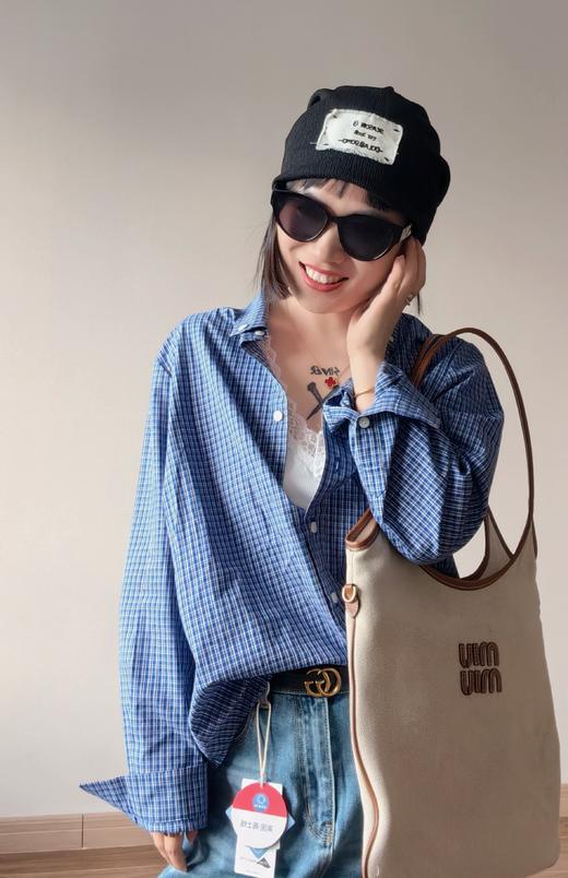 miu家精细小格子精梳棉小白扣文雅百搭衬衫 商品图1