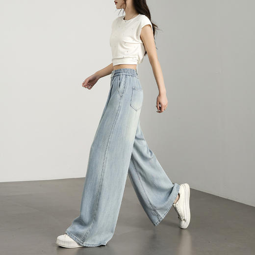 西遇宽松慵懒风阔腿裤女新款直筒高腰浅蓝色水洗牛仔裤D0050424 商品图4