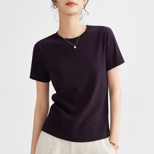 丁摩 圆领纯色百搭重磅竹节雪花棉t恤女新款基础款正肩弹力上衣女5ZF-M677 商品图9