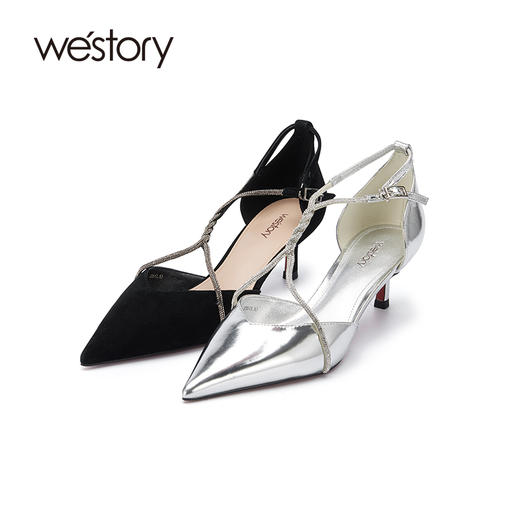 westory春季新款细高跟交叉系带尖头优雅舒适后空鞋W24AH56851 商品图0