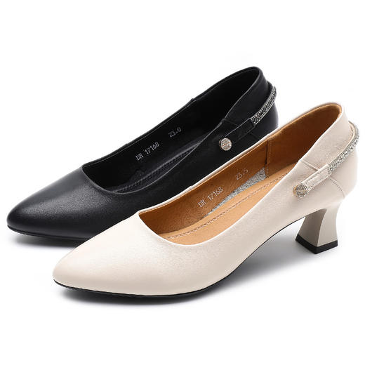 丁摩 真皮中跟鞋女新款春秋季百搭牛皮尖头细跟单鞋女鞋5ZF-17168 商品图4