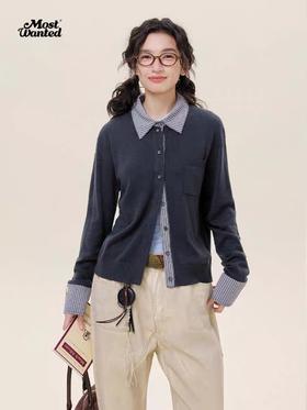 mostwantedlab彩虹/M2512042/泡泡皱条纹拼接假两件毛织polo开衫