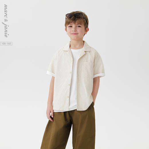 马克珍妮男童时尚条纹短袖衬衫儿童纯棉衬衣2025年夏装新款550359 商品图0