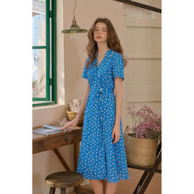 SimpleRetro夜莺海洋 气质一片式碎花连衣裙女法式v领衬衫a字裙子