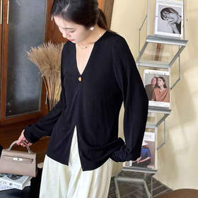 顺丰包邮洛诗琳21542春夏新款醋酸针织长袖套头V领百搭上衣10290