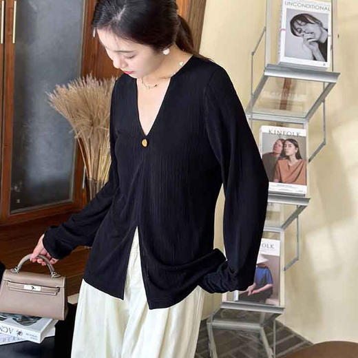 顺丰包邮洛诗琳21542春夏新款醋酸针织长袖套头V领百搭上衣10290 商品图0