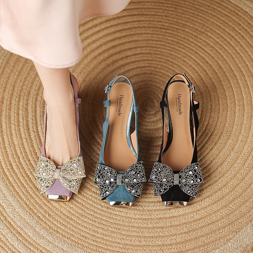 【预售5天】新款夏季包头凉鞋复古后空水钻蝴蝶结高跟单鞋女LD&7308 商品图2