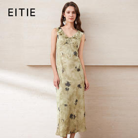 【温柔气质中式印花连衣裙】EITIE爱特爱V领修身荷叶边2025夏新款B2507612