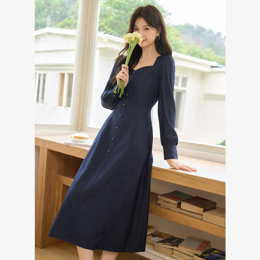 法式气质复古设计感方领仿牛仔裙女通勤收腰连衣裙V0250140 商品图3