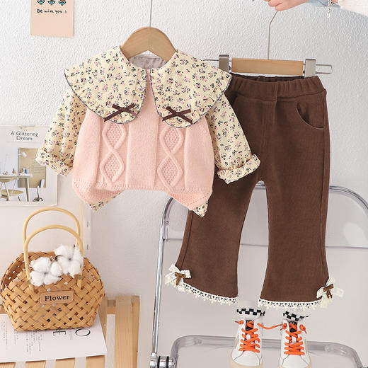 【碎花三件套，上新热卖！】女童春装套装 2025新款 女宝宝洋气针织马甲衬衫裤子 休闲春秋三件套-QQ 商品图1