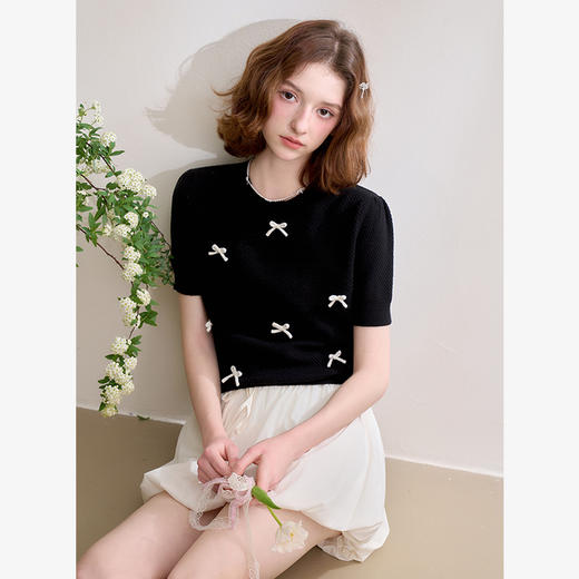 【限时秒杀】【立体蝴蝶结】软糯短袖针织衫女短款薄款圆领毛衣V0650269 商品图0