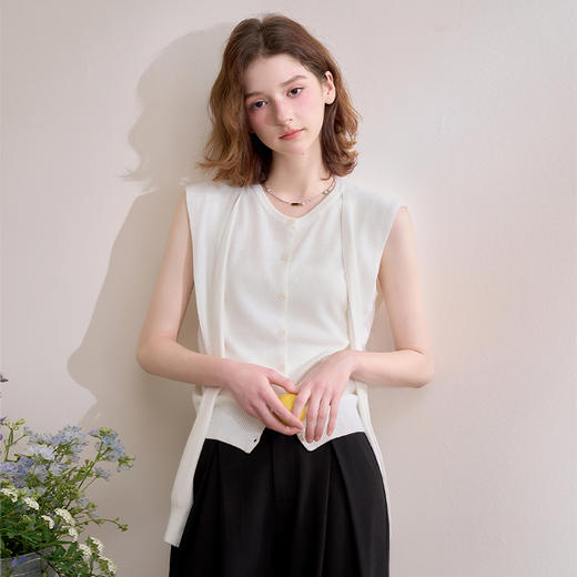 西遇黑色无袖针织衫女春季新款绑带高知穿搭圆领长袖上衣D0050386 商品图2