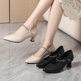 丁摩 真皮中跟鞋女新款春秋季百搭牛皮尖头细跟单鞋女鞋5ZF-17168